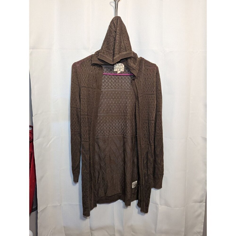 Pink Republic Women’s Short Open Knit Cardigan Size XS Brown Long Duster Hooded